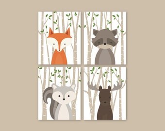 Forest Animals Beige Green Woodland Nursery Decor Woodland Nursery Woodland Animals Forest Animal Prints Set of 4 Fox Squirrel Moose Raccoon