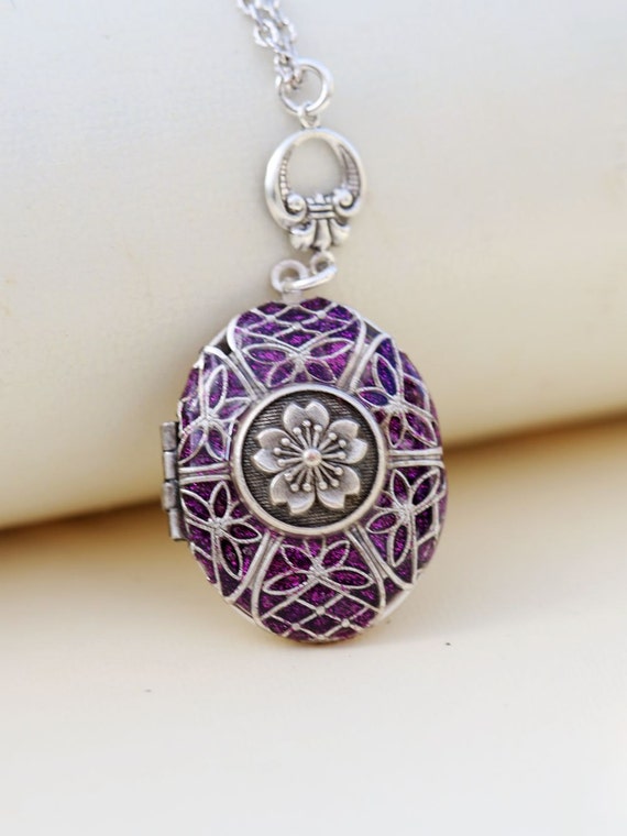 Items similar to Silver Locket Necklace,Jewelry Gift,Purple Flower ...