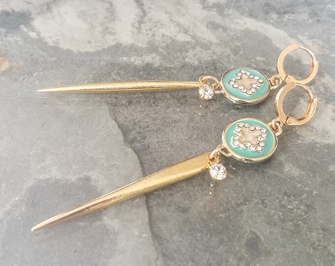 Gold Turquoise Spike Crystal Earrings, Turquoise Crystal Earrings, Turquoise Earrings, Turquoise Spike Earrings, Gold Spike Earrings