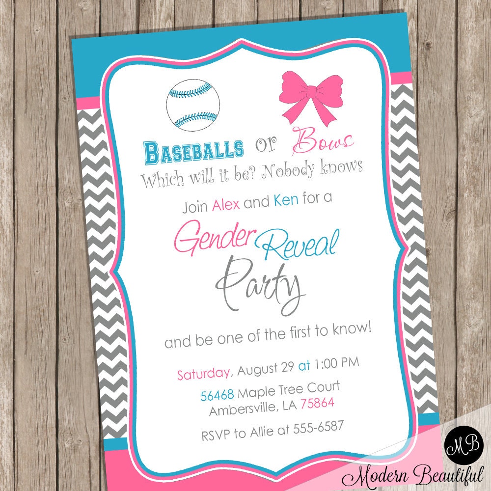 Baseball or Bows Gender Reveal Invitation Baby Reveal Invite