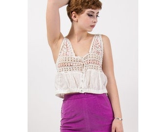 Edwardian camisole / Vintage cotton crochet corset cover / Crop top S M