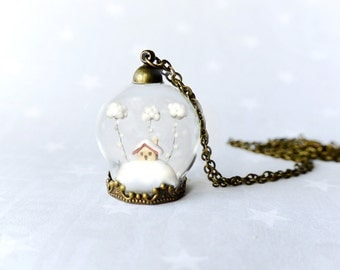 Winter Terrarium necklace Snow-covered landscape-Little house and white clouds-