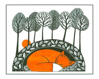 Fox illustration nature print, Pen and Ink, 10 x 8, Illustration art, fox art, Graphic art, Fox print art, Orange Black, Tree art