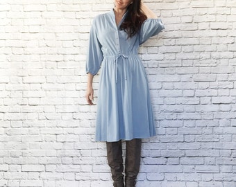 Vintage 70s Light Blue Shirt Dress XL Dolman Sleeve Knee Length