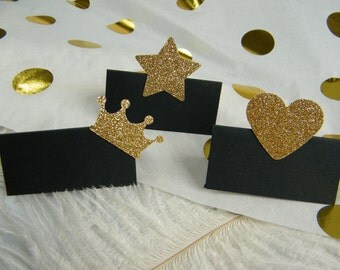 Black and Gold Party Decoration / Place Cards / New Years Eve Party / Graduation / 40th 50th 60th 70th 80th 90th 100th Birthday / 25 cards
