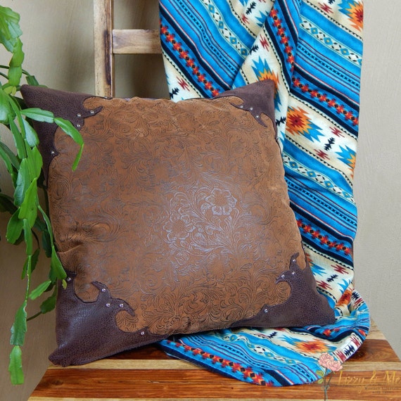 Western Tooled Leather Pillow rustic southwestern pillow set