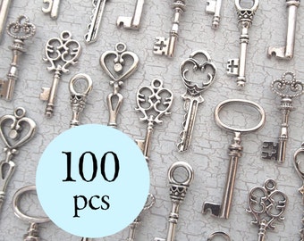 The Caspian Collection - Skeleton Key Charm Assortment in SILVER - Set of 100 Keys