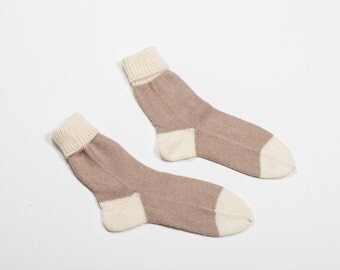 Handmade knitted socks - caramel beige and warm white - knitting home socks