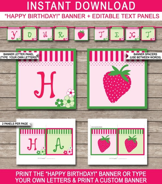 Strawberry Party Banner Happy Birthday Banner Custom Banner Party Decorations Bunting Customizable Banner Template