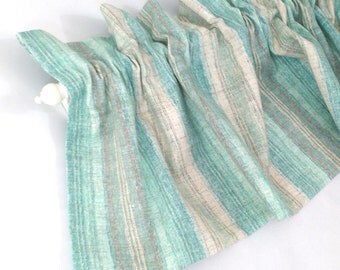 AQUA Valance Curtain Blue Green and Tan Cream Stripes 43" Kitchen Curtain Kitchen Valance Curtains Kitchen Window Valance and Cream Valances