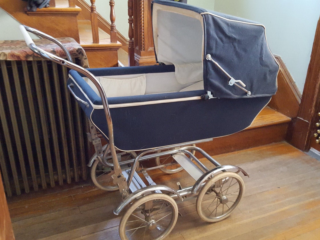 English Baby Carriage Navy Blue White Chrome Pram by findakeeper