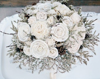 Winter Wedding Bouquet // Rustic Sola Flower Bouquet, Cream Ivory, Winter White, Dried Flower Bouquet, Pine Cone, Twig, Woodland Bouquet