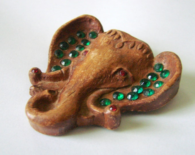 Antique Figural Wood Elephant Brooch / Green & Red Rhinestones / Large Hand Carved / Vintage Jewelry / Jewellery