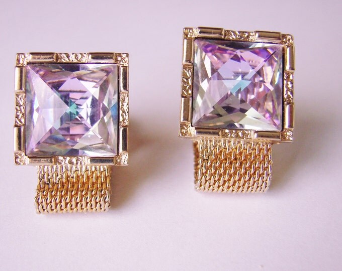 Vintage Retro Mesh Wrap Cuff Links / Rivoli Glass Stones / Goldtone / Mens Jewelry / Wedding / Jewellery / Suit Accessories