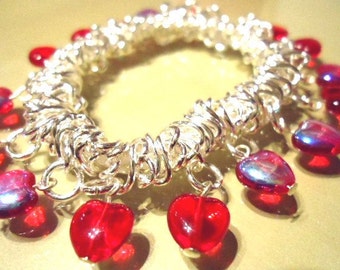 Bright Red Aurora Borealis Glass Love Heart Elasticated Expanding Fashion Trend Bracelet - Ladies Jewellery-Gifts for her-Gifts for women