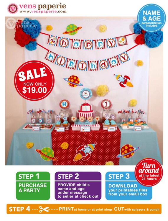 Rocket Space Birthday Party Package Personalized FULL Collection Set - PRINTABLE DIY - PS828CA1x Il_570xn