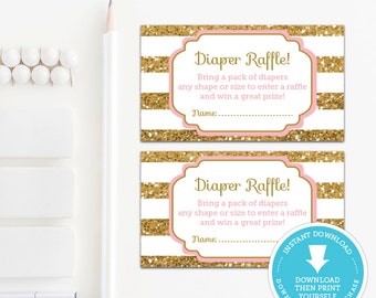 Gold Baby Shower Diaper Raffle Ticket - Gold Glitter Baby Shower - Gold Glitter Printable - Girl Baby Shower Printable - Pink and gold