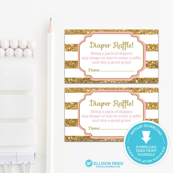 Gold Baby Shower Diaper Raffle Ticket - Gold Glitter Baby Shower - Gold Glitter Printable - Girl Baby Shower Printable - Pink and gold Il_570xn