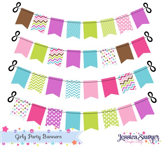 INSTANT DOWNLOAD, pink and aqua bunting banner clipart for personal and commercial use Il_570xn