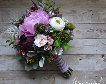Boho Wedding Bouquet - Purple, Lavender, Peonies, Ranunculus, Statice, Berries, Bouquet with Accents, Wildflower Bouquet, Boho Wedding