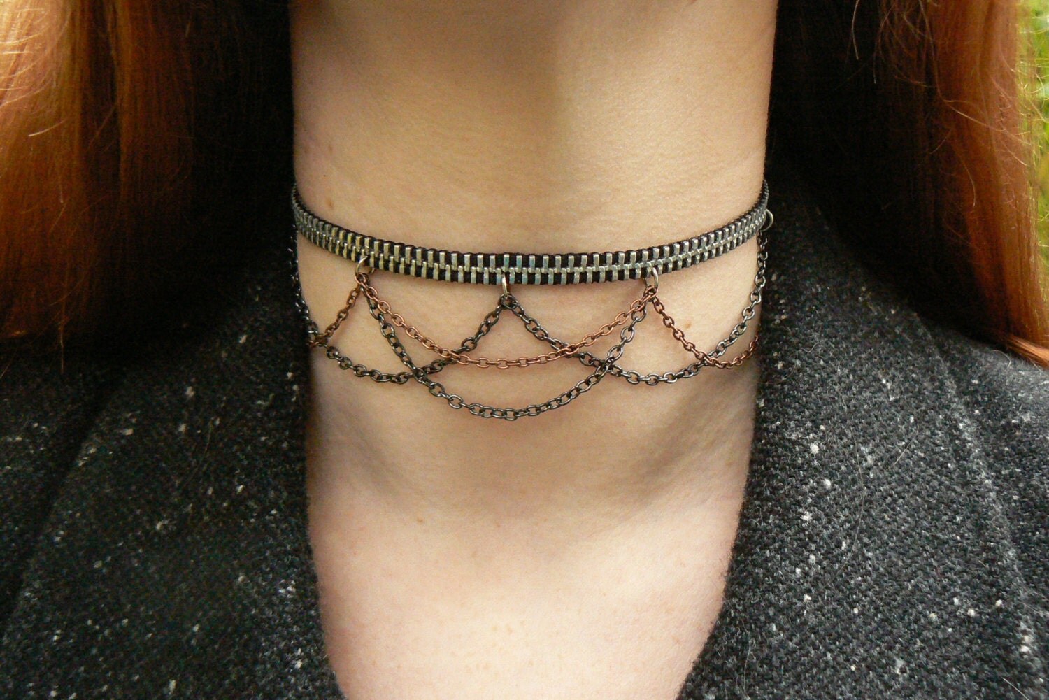 Silver Zipper Draping Chain Choker Industrial Choker