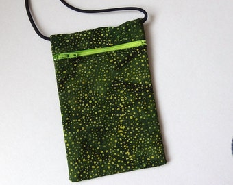 Pouch Zip Bag Green BATIK Fabric. Great for walkers, markets, travel. Cell Phone Pouch. Small fabric coin purse. green spots.