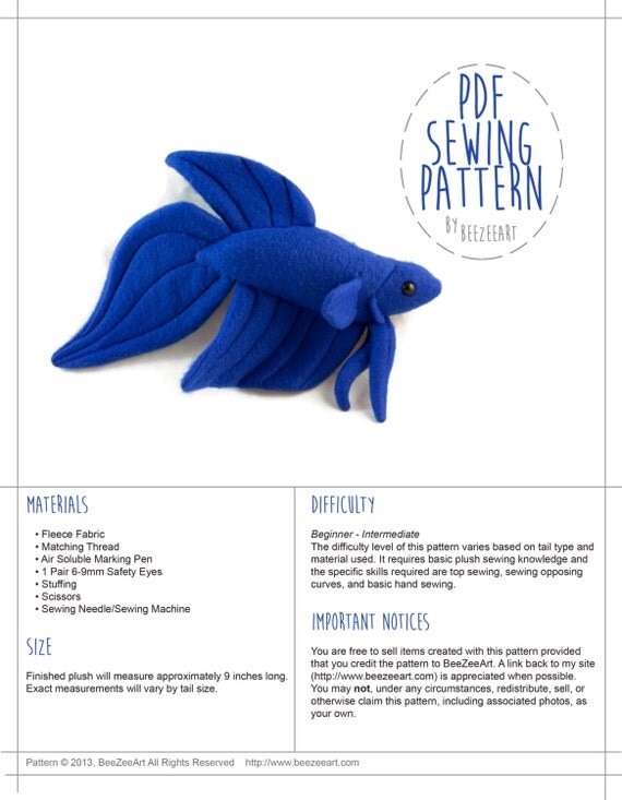 Betta Fish Sewing Pattern PDF Pattern Plushie Sewing by BeeZeeArt