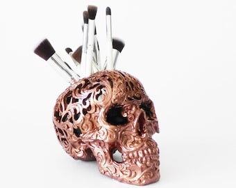 Carved Tribal Skull, Skull, Makeup Assessories, Painted Skull, Carved Human Skull, Skulls, Makeup Brush Holder, Gold Skull, Tribal Skull,