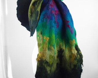 Felted Scarf Nunofelt Scarf Green scarf MULTICOLOR SCARF Nuno felt scarf Felted Scarf fairy scarf wearable art Felt Wrap Nunofelted Scarves