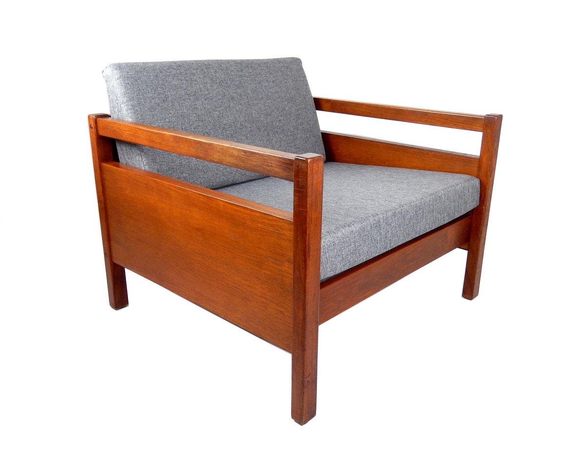 Mid Century Modern Armchair Solid Teak Wood Chair Grey