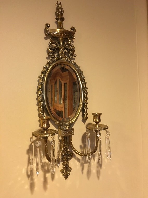 Antique Brass Wall Hanging Candelabra with 12 Crystal Prisms