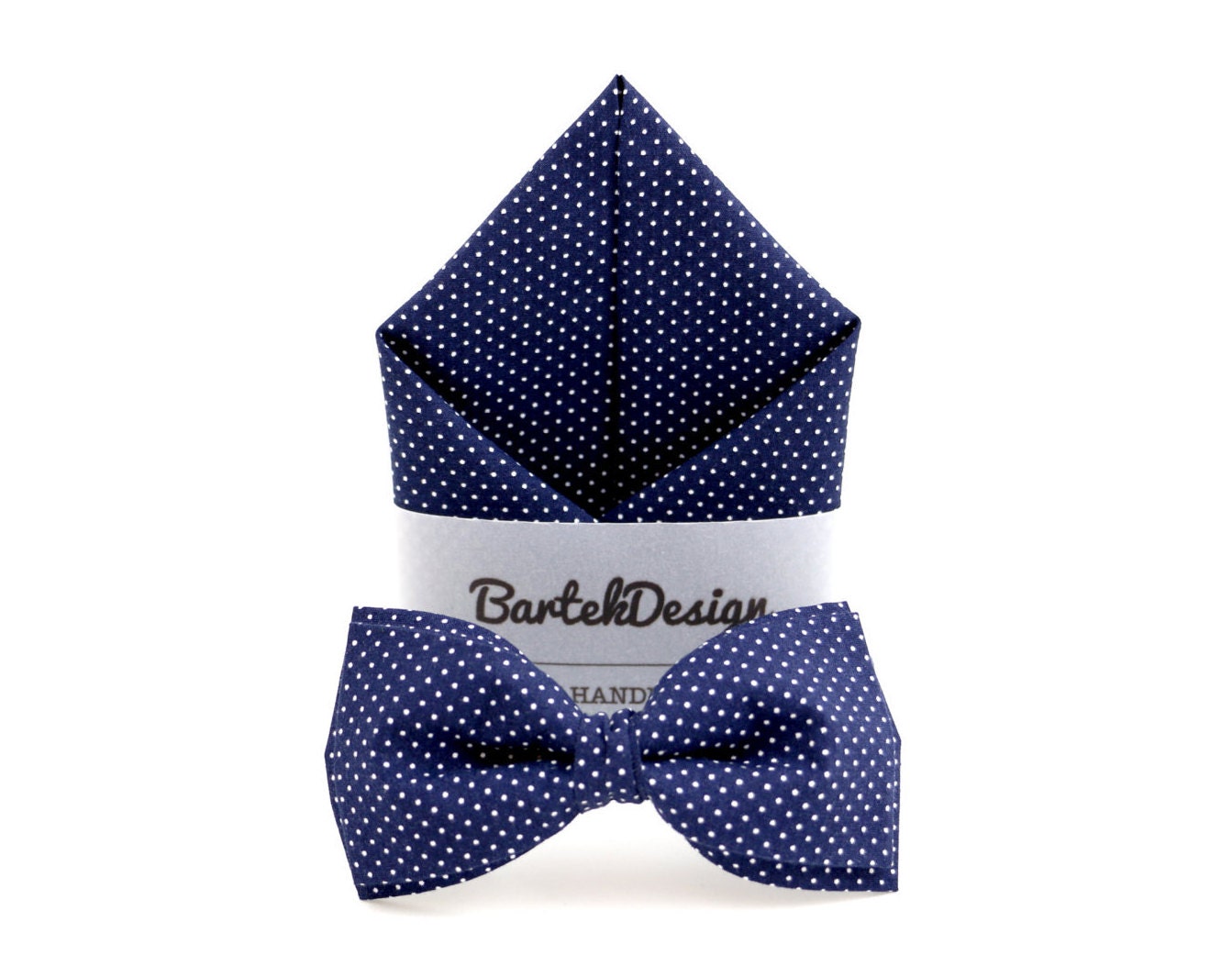 Mens Bow Tie Pocket Square Matching Set Blue Polka Dots Bow