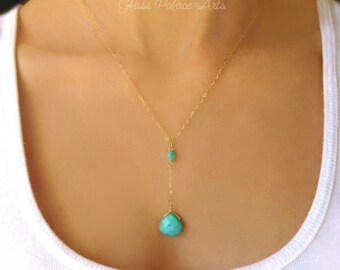 Gold Turquoise Necklace, Turquoise Pendant Necklace, Dainty Turquoise Drop Necklace, Beaded Turquoise Necklace, Turquoise Y Necklace Jewelry