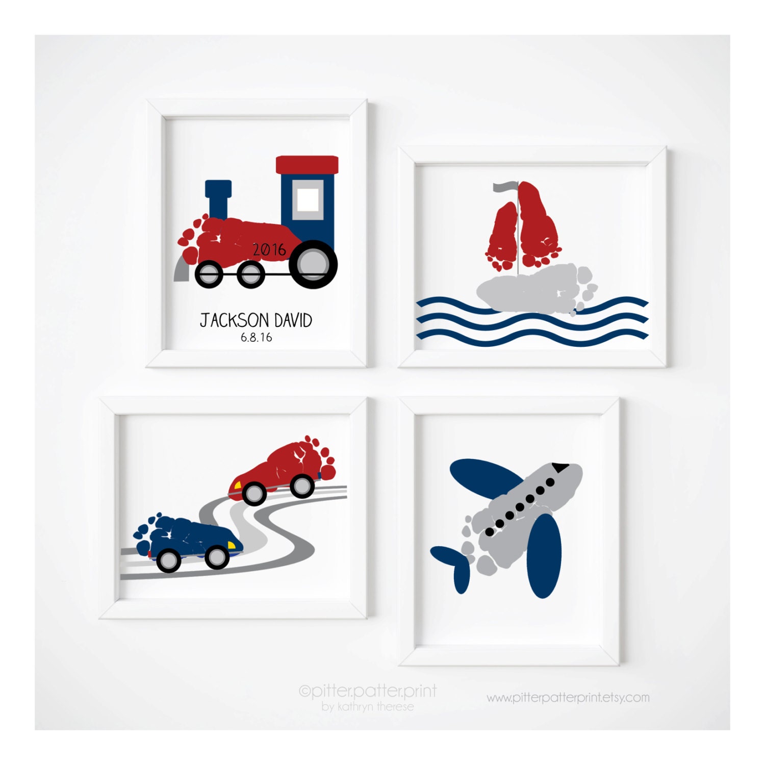 Transportation Art Print Set Train Airplane Car Sailboat