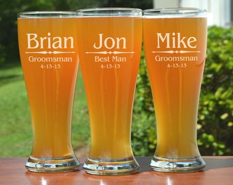 Groomsmen Gift, 6 Personalized Beer Glasses, Custom Engraved Pilsner Glass, Wedding Party Gifts, Gifts for Groomsmen, Urban Farmhouse Tampa