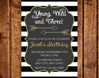 Young Wild and Three Invitations, Young Wild and Three Birthday, Young Wild and Three Party, Third Birthday Invitation, Printable Invitation