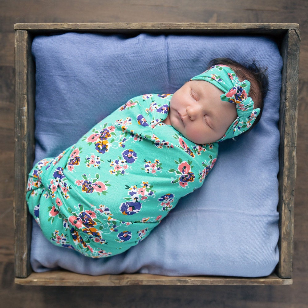 Jade Blossoms Swaddle and Headband Set / Swaddle Blanket