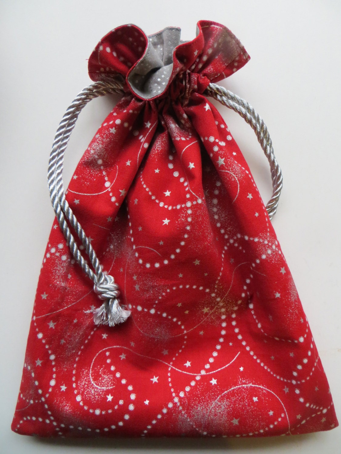 Lined Drawstring Fabric Holiday Gift Bag Red Metallic