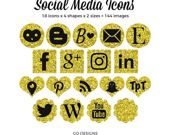 Gold Glitter Social Media Icons | Glittery Gold | Gold and Black | 144 Social Icons