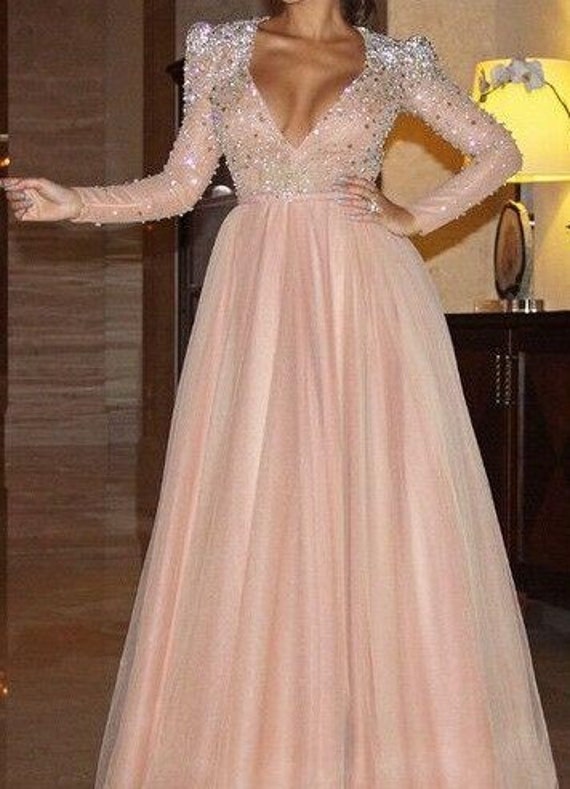 Blush Pink Long Sleeves Evening Dress by DressKimbelina on Etsy