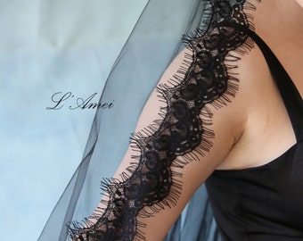 Fingertip Length Black Soft Lace Cathedral Mantilla Bridal Wedding Veil