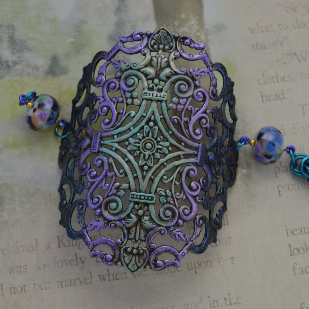 Tricolored Brass Stamping Cuff Bracelet with Glass Beads