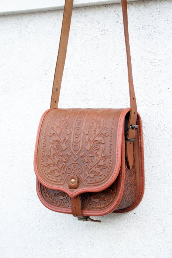 tooled light brown leather bag - shoulder bag - crossbody bag - handbag ...