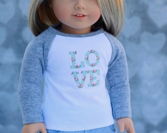 Doll Clothes | Trendy Cloud Grey with Mint Floral Love Graphic Long Sleeve Fitted BASEBALL TEE for 18 Inch Doll