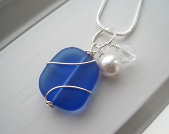 Cobalt Blue Necklace and Earring Set - Sea Glass Jewelry - Wire Wrapped Jewelry - Royal Blue Jewelry - Birthday Gift for Her