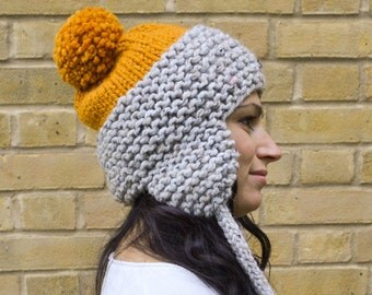 Chunky Pom Pom Hat, Wool Knitted Hat, Chunky Knit Pompom Hat, Knit Pompom Beanie, Chunky Beanie Hat, Women's Pompom Hat, Winter Earflap Hat