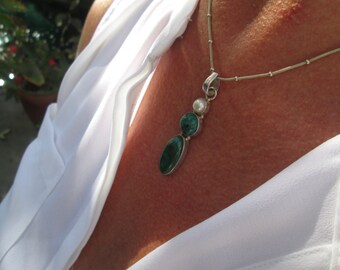 Malachite, Chrysocolla, Culture Pearl and Sterling Silver Necklace