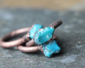 Turquoise Ring Electroformed Stone Real Turquoise Copper Ring Sagittarius Birthstone Gemstone Delicate Ring