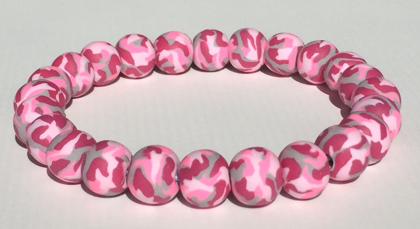 Pink Camouflage Polymer Clay Bracelet Camo Pink Gray