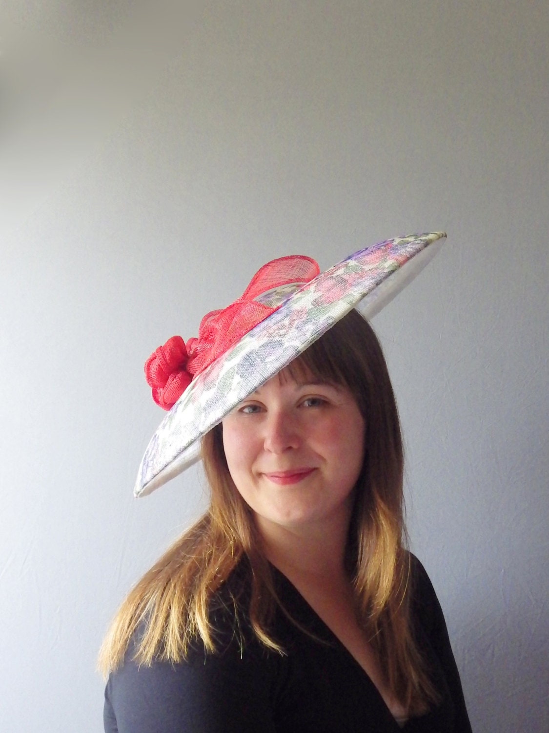 Floral Saucer Fascinator Hat. Sinamay Straw Head Piece